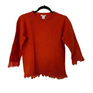Women's Lambswool 3/4 Sleeve Frayed Hem Crew Neck Orange Sweater Size M GUC